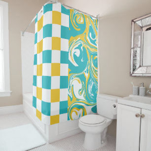 Checks and Swirls in Turquoise, Yellow, and White Shower Curtain