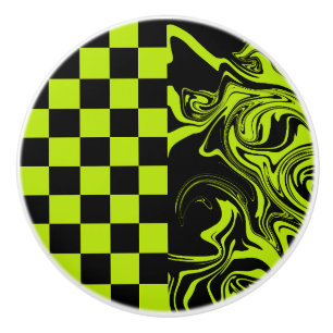 Checks and Swirls - Lime Green and Black Ceramic Knob