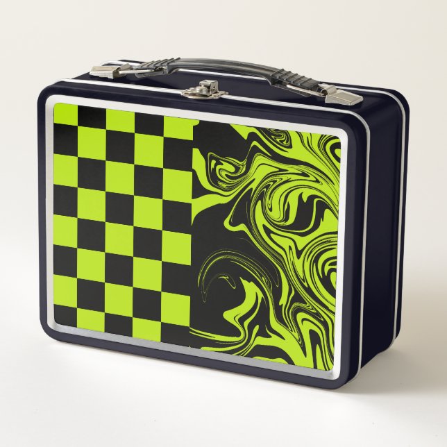 Checks and Swirls - Lime Green and Black Metal Lunch Box (Front)