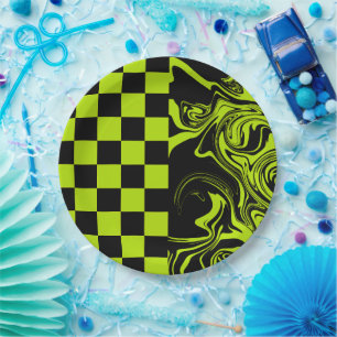 Checks and Swirls - Lime Green and Black Paper Plate