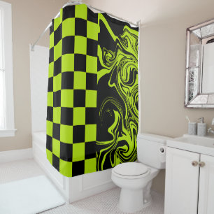Checks and Swirls - Lime Green and Black Shower Curtain