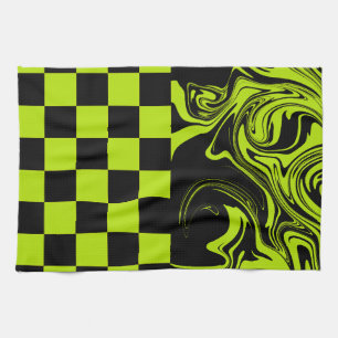 Checks and Swirls - Lime Green and Black Tea Towel