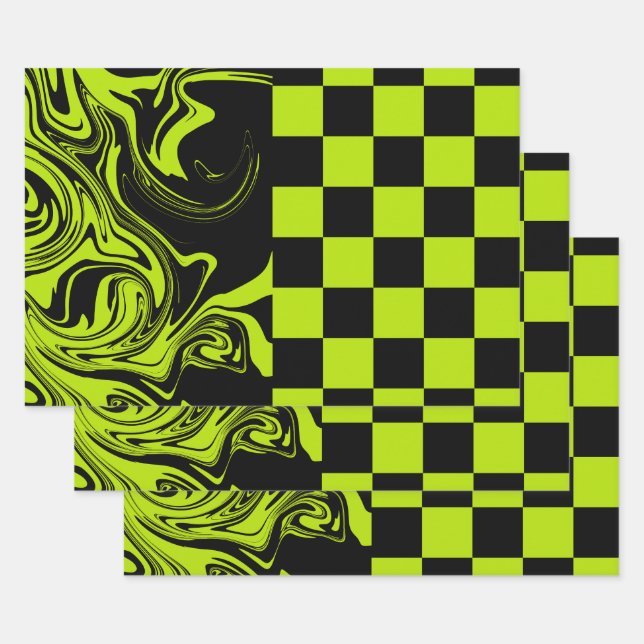 Checks and Swirls - Lime Green and Black Wrapping Paper Sheet (Set)