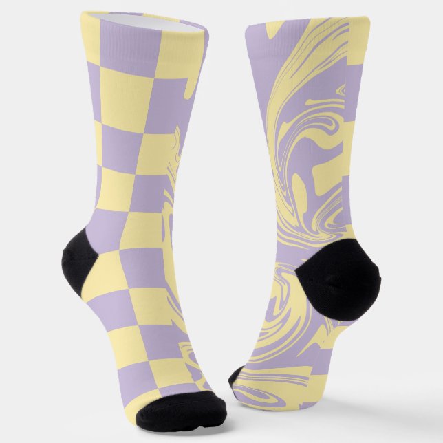 Checks and Swirls - Pastel Yellow and Purple Socks (Angled)