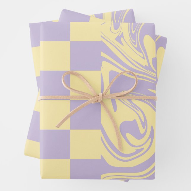Checks and Swirls - Pastel Yellow and Purple Wrapping Paper Sheet (In situ)