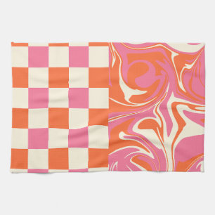 Checks and Swirls - Pink, Orange and Cream Tea Towel