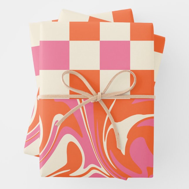 Checks and Swirls - Pink, Orange and Cream Wrapping Paper Sheet (In situ)