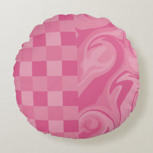 Checks and Swirls - Pink Round Cushion
