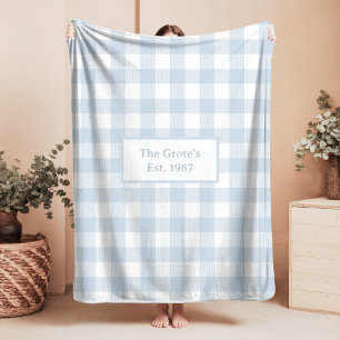 Checks Blue and White Sherpa Blanket Family Name