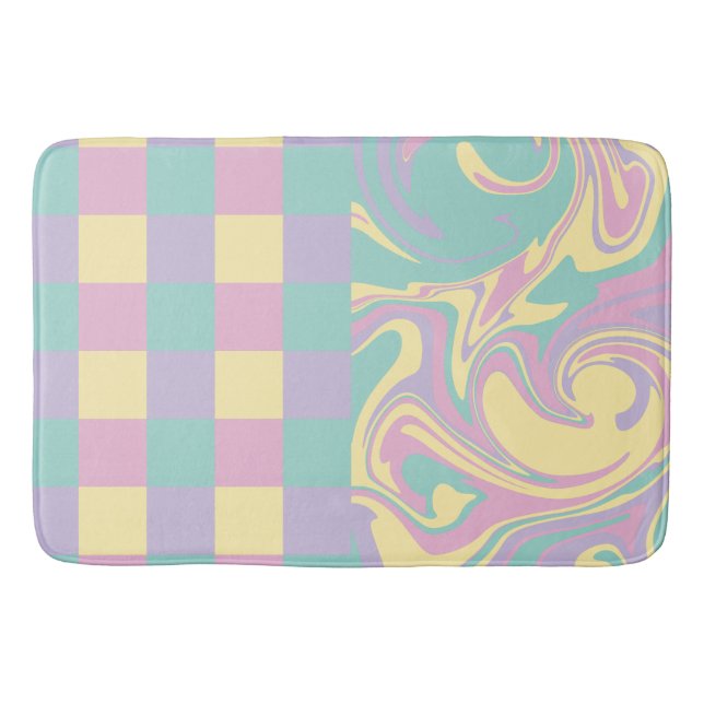 Checks & Swirls Pastel Pink,Yellow, Purple & Green Bath Mat (Front)
