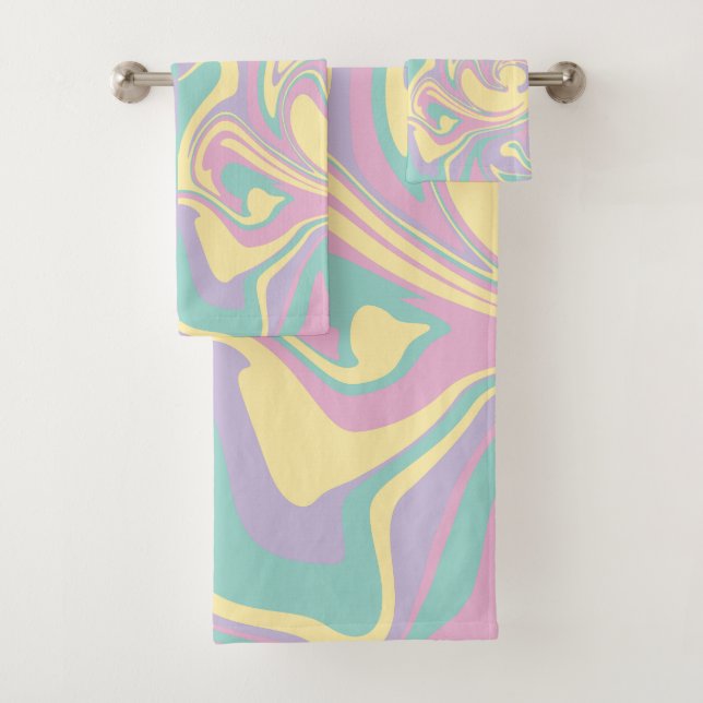 Checks & Swirls Pastel Pink,Yellow, Purple & Green Bath Towel Set (Insitu)