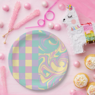 Checks & Swirls Pastel Pink,Yellow, Purple & Green Paper Plate