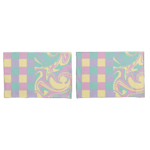 Checks & Swirls Pastel Pink,Yellow, Purple & Green Pillowcase