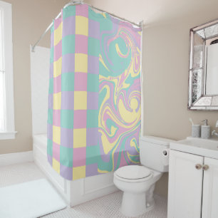 Checks & Swirls Pastel Pink,Yellow, Purple & Green Shower Curtain