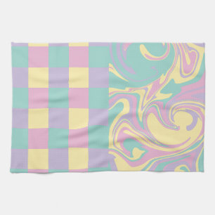 Checks & Swirls Pastel Pink,Yellow, Purple & Green Tea Towel