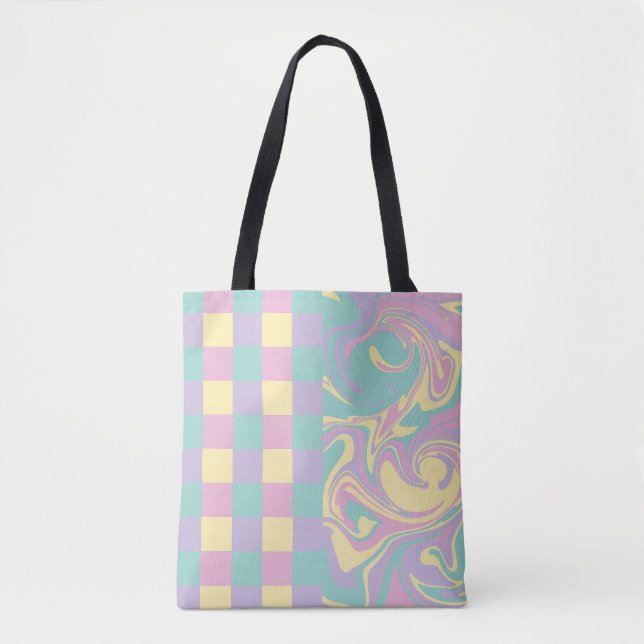 Checks & Swirls Pastel Pink,Yellow, Purple & Green Tote Bag (Front)