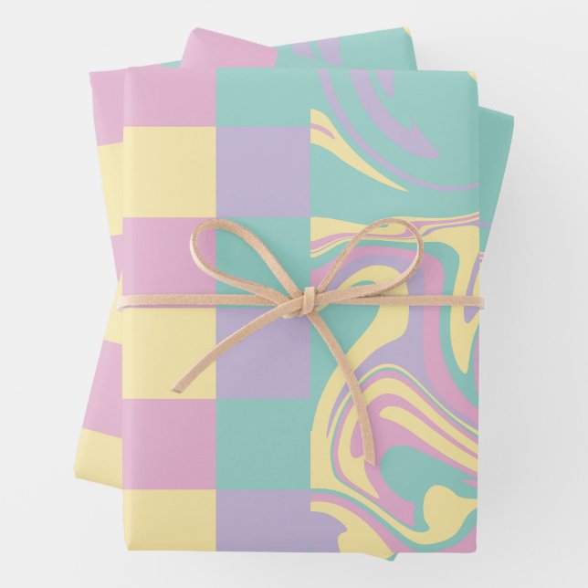Checks & Swirls Pastel Pink,Yellow, Purple & Green Wrapping Paper Sheet (In situ)