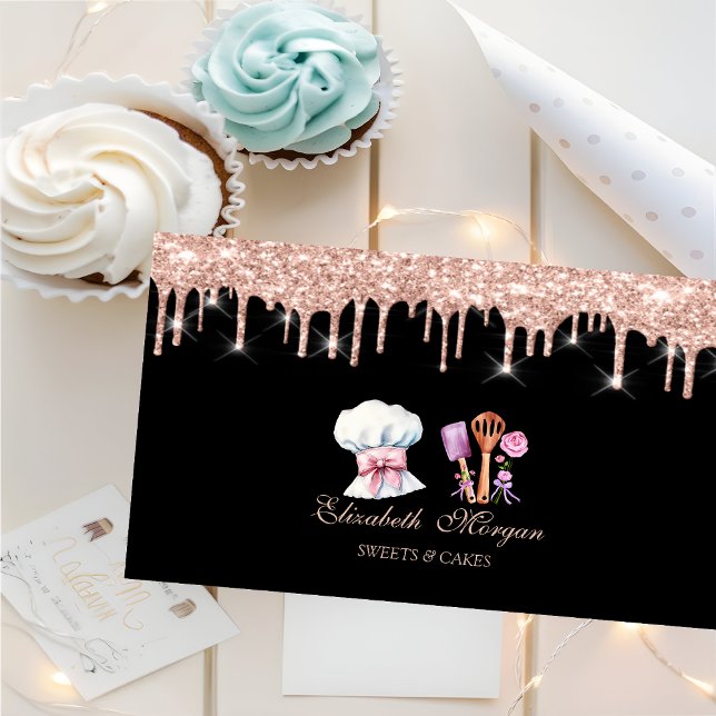 Cheef Tools Flowers Rose Gold Drips Bakery  Business Card (Creator Uploaded)