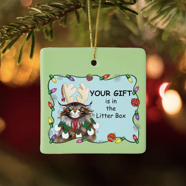 Cheeky Christmas Cat  Humor Maine Coon Green Funny Ceramic Ornament (Creator Uploaded)