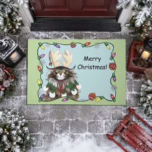 Cheeky Christmas Cat Humour Maine Coon Green Funn Doormat