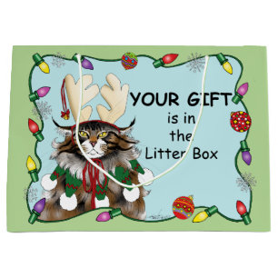 Cheeky Christmas Cat Humour Maine Coon Green Funn Large Gift Bag