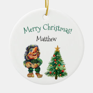 Cheeky Christmas Troll and Tree Delight Ceramic Ornament