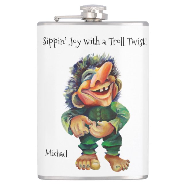 Cheeky Christmas Troll and Tree Delight Hip Flask (Front)