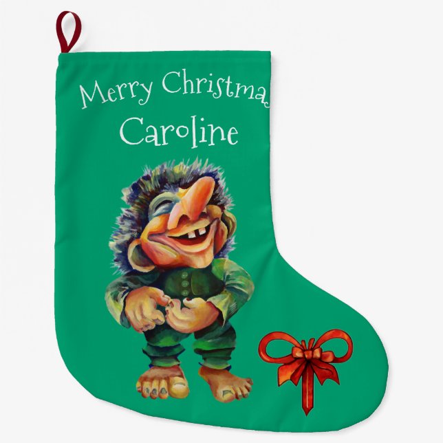 Cheeky Christmas Troll and Tree Delight  Large Christmas Stocking (Front)