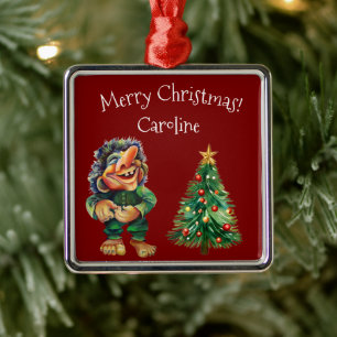 Cheeky Christmas Troll and Tree Delight Metal Ornament