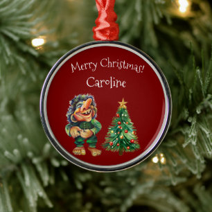 Cheeky Christmas Troll and Tree Delight Metal Ornament