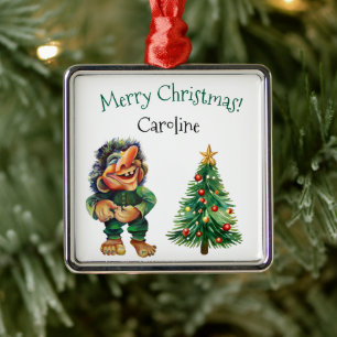 Cheeky Christmas Troll and Tree Delight Metal Ornament