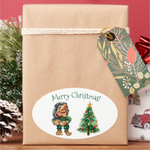 Cheeky Christmas Troll and Tree Delight Oval Sticker