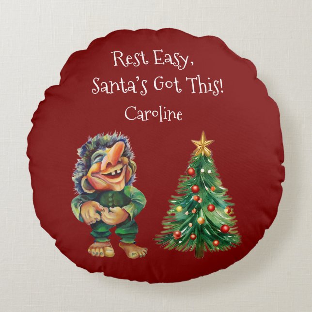 Cheeky Christmas Troll and Tree Delight  Round Cushion (Front)