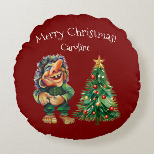 Cheeky Christmas Troll and Tree Delight  Round Cushion