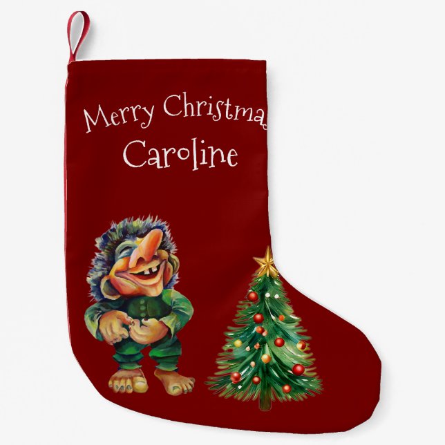 Cheeky Christmas Troll and Tree Delight  Small Christmas Stocking (Front)
