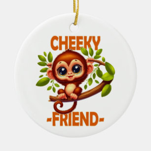 Cheeky Friend pun Cute Baby Monkey on tree cartoon Ceramic Ornament