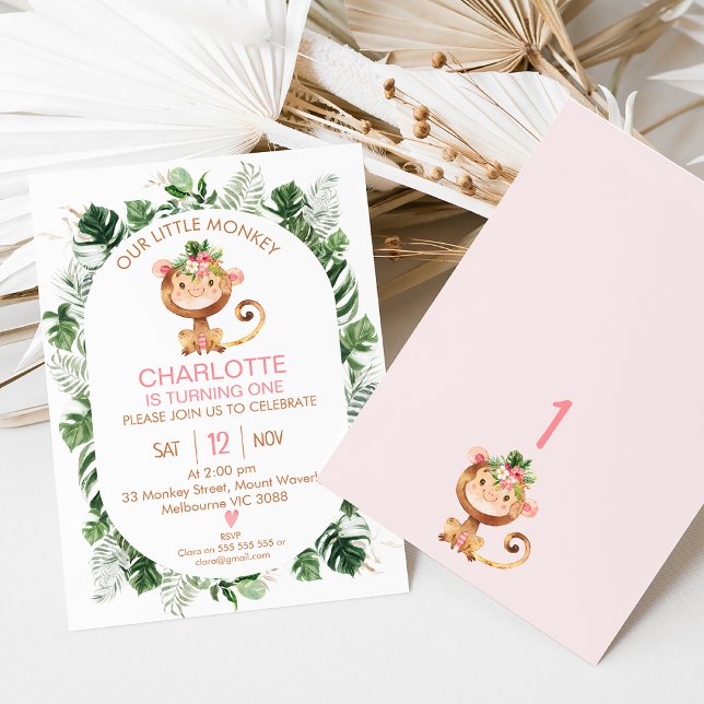 Cheeky Little Monkey Girls 1st Birthday Invitation (Girl's little monkey first birthday invitation also featuring some greenery and tropical flowers.)