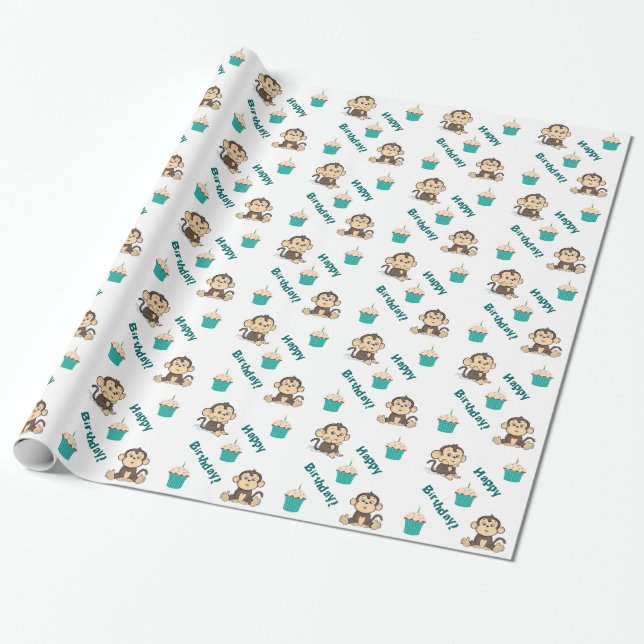 Cheeky Monkey Birthday wrapping paper (Unrolled)