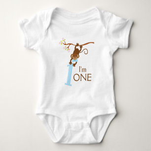 Cheeky Monkey Blue Stripes 1st Birthday Baby Bodysuit