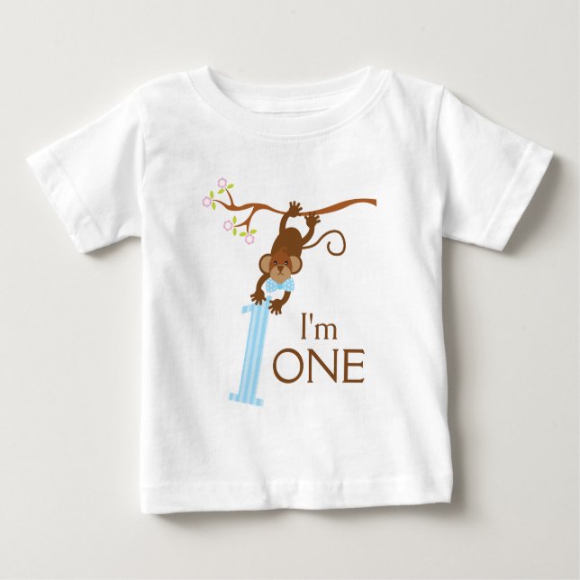 Cheeky Monkey Blue Stripes 1st Birthday Baby T-Shirt (Front)