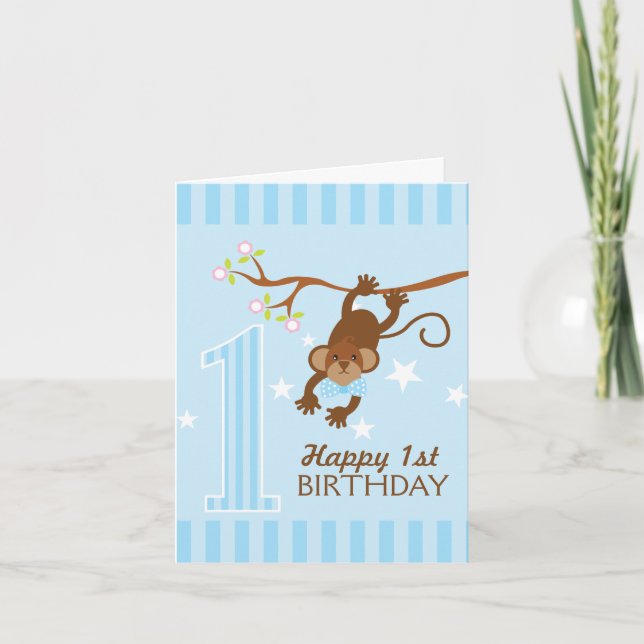Cheeky Monkey Blue Stripes Happy 1st Birthday Card (Front)