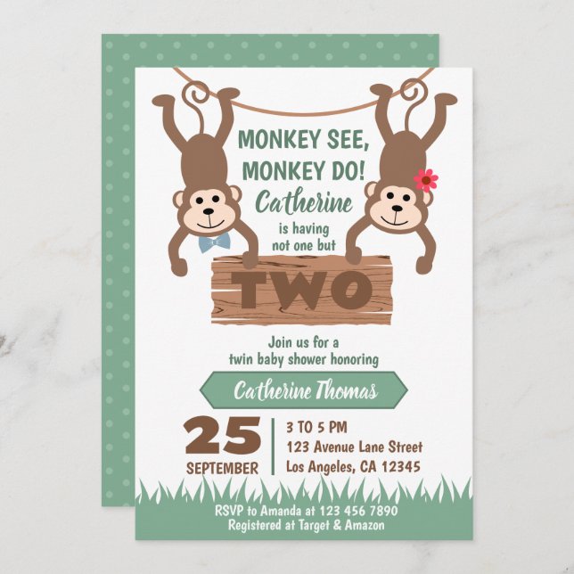 Cheeky Monkey Boy & Girl Twins Baby Shower Invitation (Front/Back)