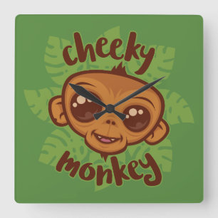 Cheeky Monkey Cute Cartoon Primate Drawing Square Wall Clock