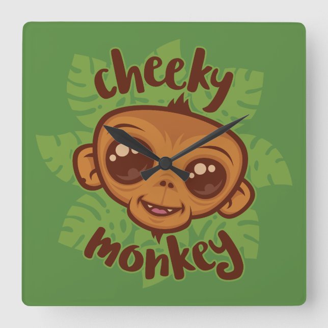 Cheeky Monkey Cute Cartoon Primate Drawing Square Wall Clock (Front)