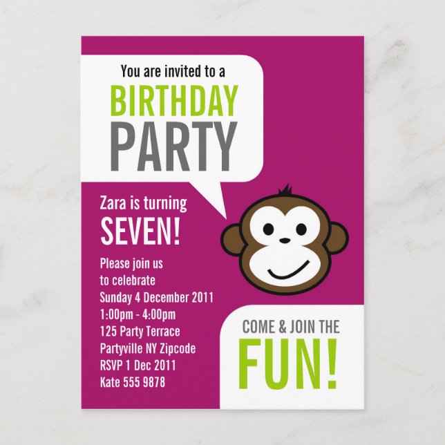 Cheeky Monkey Invitation 2 [purple] (Front)