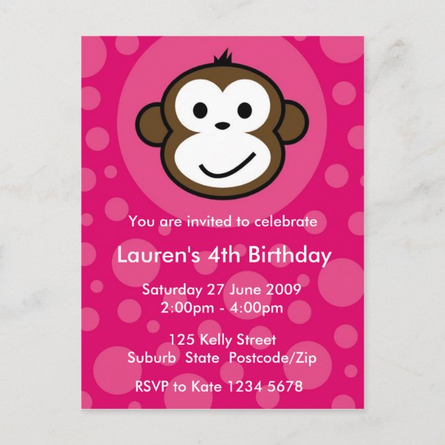 Cheeky Monkey Invitation [pink] Postcard (Front)