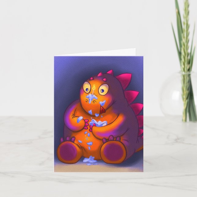Cheeky Stegosaurus Eating Cake Birthday Card (Front)
