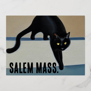 Cheeky Whimsical Black Cat  Salem Massachusetts Foil Holiday Postcard