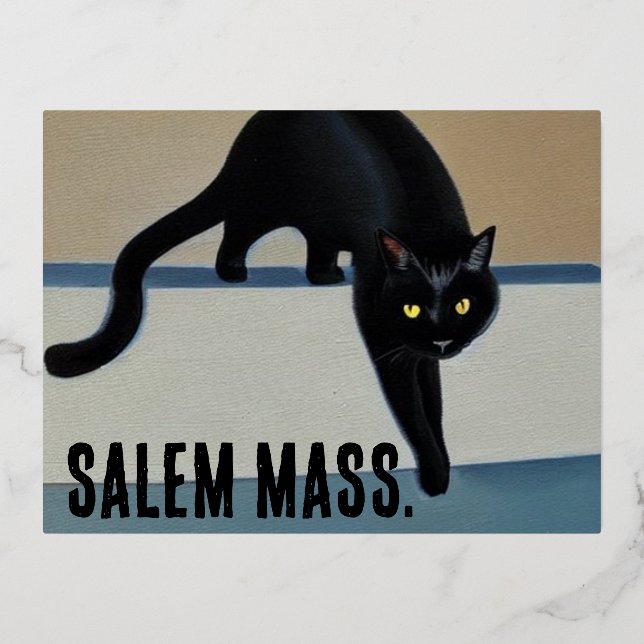 Cheeky Whimsical Black Cat  Salem Massachusetts Foil Holiday Postcard (Front)