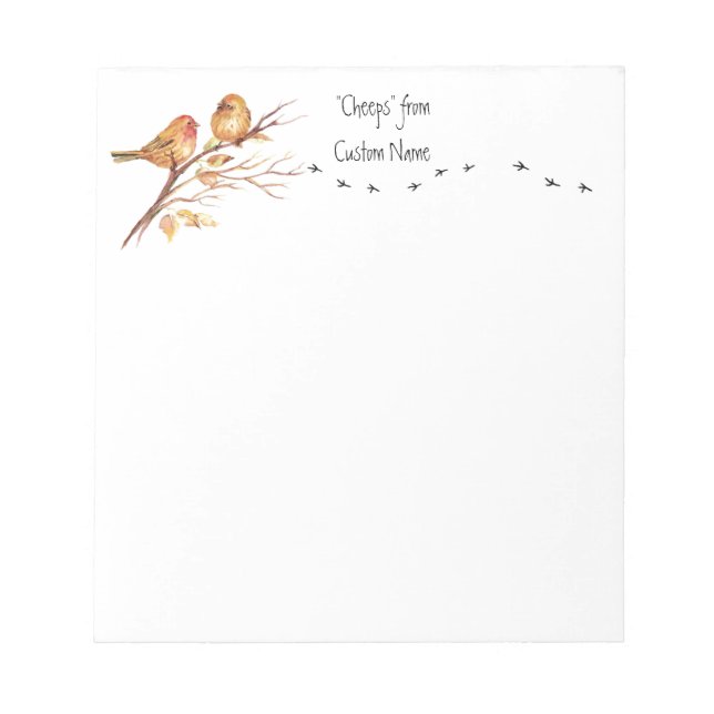"Cheeps from Custom Name" Sparrow, Bird Tracks Notepad (Front)